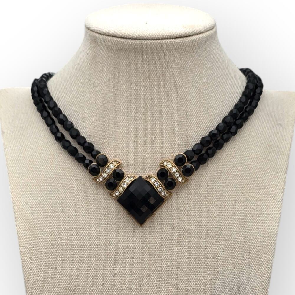 1928 Jewelry Black Faceted Bead Necklace – Dark Romantic / Victorian Revival